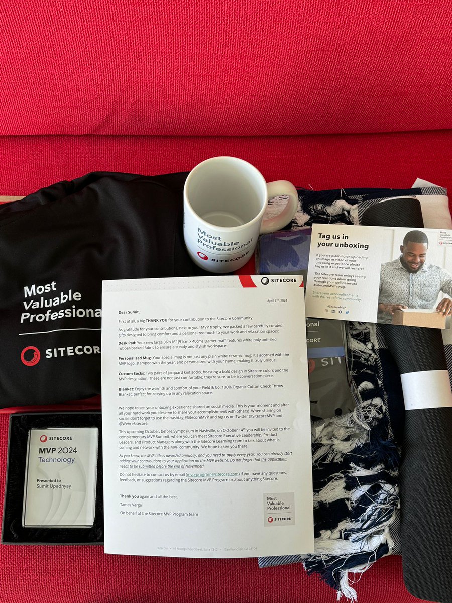 And it is here! Finally, my #SitecoreMVPSwag package has arrived with the #SitecoreMVP trophy. I'm ecstatic and honored to receive it. Thank you Tamas Varga and @NicoleSitecore! @Sitecore @SitecoreMVP @WeAreSitecore #SitecoreCommunity