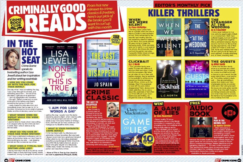 So delighted to see #TheGuests featured amongst these amazing books in CrimeScene magazine! (And lovely to see it next to #Clickbait by my amazing friend @Lauren_C_North). Publishes on 23 May - not long to wait (and can be preordered!🙏🏻😎🏝️)