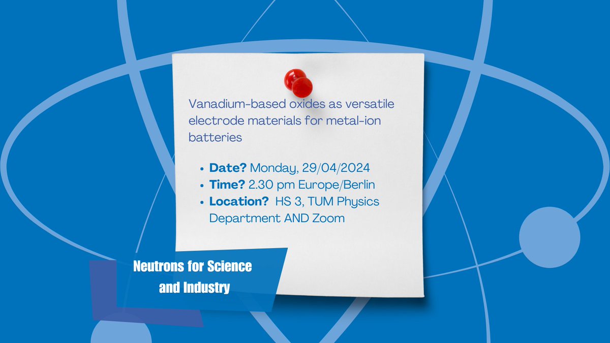 Our Monday webinar series 'Neutrons for Science and Industry' about battery research takes place next Monday at 2.30pm! 📍HS 3, TUM Physics Department AND via Zoom ->indico.frm2.tum.de/event/494/ #neutrons #battery #electrode