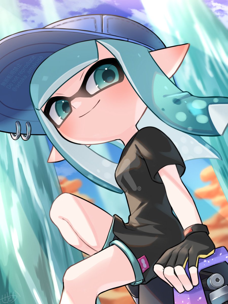 inkling player character 1girl solo long hair looking at viewer smile shirt gloves  illustration images