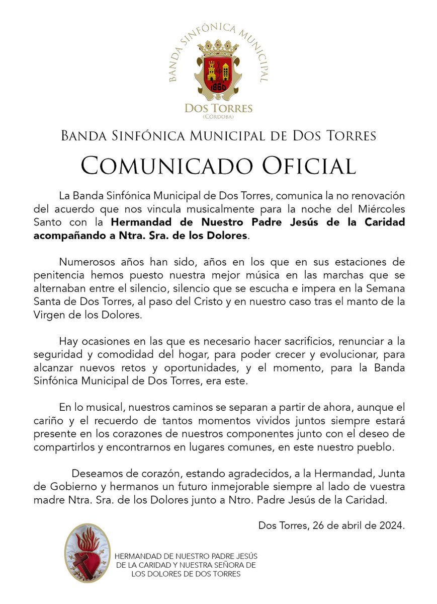 |ᴄᴏᴍᴜɴɪᴄᴀᴅᴏ ᴏꜰɪᴄɪᴀʟ|

Hacemos público la NO renovación del contrato para el Miércoles Santo de 2025, con la Hermandad de Nuestro Padre Jesús de la Caridad y Nª Sra. de los Dolores de Dos Torres (Córdoba)

#semanasanta25 #suenadostorres