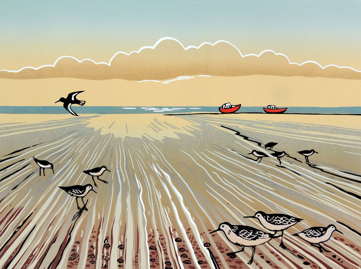 'Sandpipers On The Shore' is the lovely new lino print from Rob Barnes, go online or pop into the gallery to see what other of his prints are available. #linoprint #birdart #southwoldgallery #prints #shorelineart #artisticbeauty #localartist #suffolkscenes #localinterest