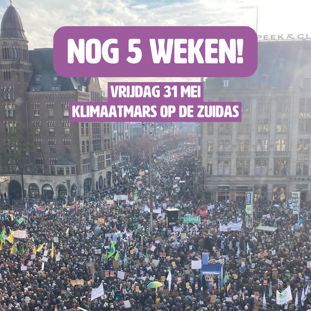 Nog maar vijf weken tot we massaal naar de Zuidas gaan📢 Sluit je aan bij de Klimaatmars! Samen gaan wij grote vervuilende bedrijven dwingen verantwoordelijkheid te nemen voor hun gedrag💪 📍Klimaatmars op de Zuidas 📍Vrijdag 31 mei om 14:00 uur 📍Zuidas, Amsterdam