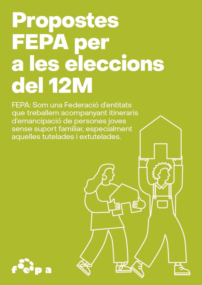 🟢Des de FEPA de cara a les eleccions del #12M apostem:

👉Per una estratègia de suport a l’emancipació
juvenil

👉Suport a les persones joves extutelades 

📣A Catalunya, hem passat de tenir una taxa d’emancipació del 32.6% l’any 2007, a una taxa del 19.6% l’any 2022