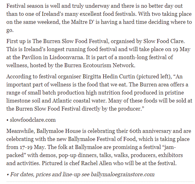 Lovely piece in the Maître d' section of the #irishfarmersjournal - two food #festivals on the same weekend, which one to go to? 
#BurrenSlowFoodFestival 19 May #foodfestival #TasteTheBurren @visitBurren​ @SlowfoodIreland​ @burrengeopark @burrensalmon bit.ly/1mP5zQ2