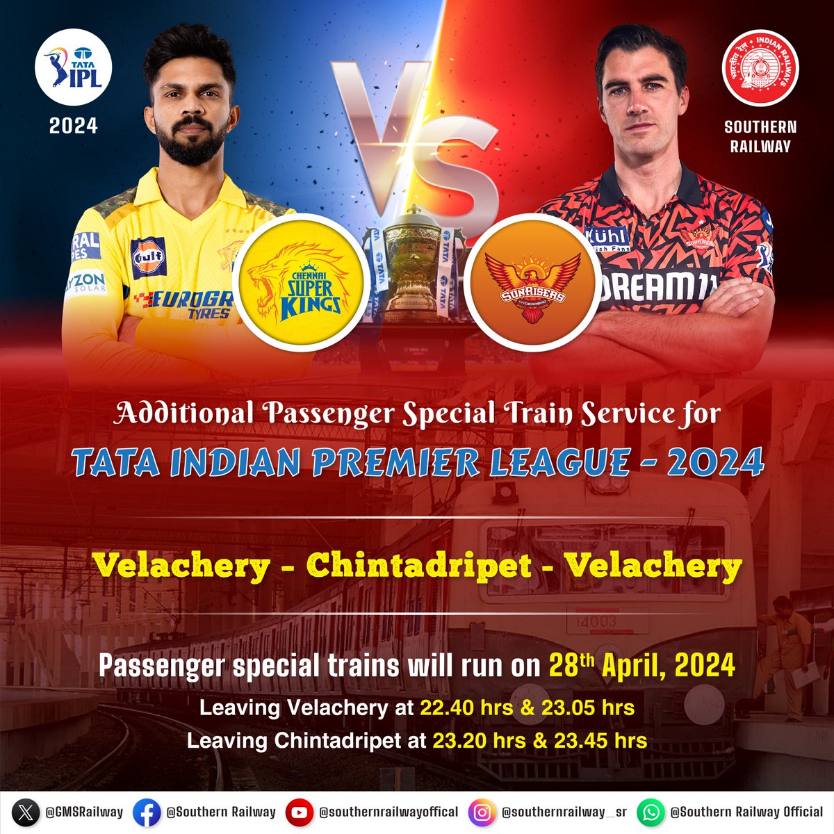 #SpecialTrain service for #TATAIPL fans!  

Now you can easily commute between #Velachery and #Chintadripet after the match on April 28th. (Departs Velachery: 10.40 PM & 11.05 PM | Departs Chintadripet: 11.20 PM & 11.45 PM)         

#IPL2024 #Cricket #T20 #IPLUpdate