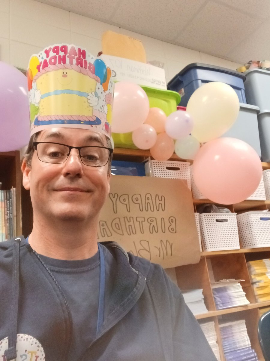 'We turn not older with years but newer every day,' wrote Emily Dickinson. I came into work to find my desk covered in homemade cards from my students, balloons & the hat. Yes, I will be wearing it proudly all day.