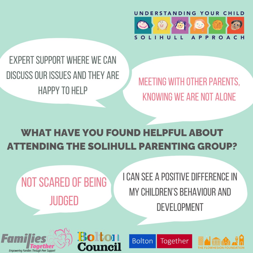 Some of the lovely feedback we have received from the parents on our first cohort of Solihull Approach groups @BoltonTogether @boltoncouncil @flowhesion For more information or to book a place for our new groups in May, visit familiestogether.org.uk/the-solihull-a… or call 07514484157