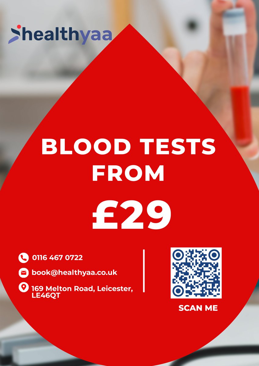 healthyaaclinic's tweet photo. Start your journey to better health with blood tests starting at only £29
Call us : 0116 467 0722
Visit us: https://t.co/U5H4KSVyet
#HealthFirst #AffordableTesting #Healthyaa #Healthyaatest #Healthyaabloodtest #BloodHealth #bloodtest #GrandOpening #HealthRevolution #BloodTestUK https://t.co/eTrW3dCMXn