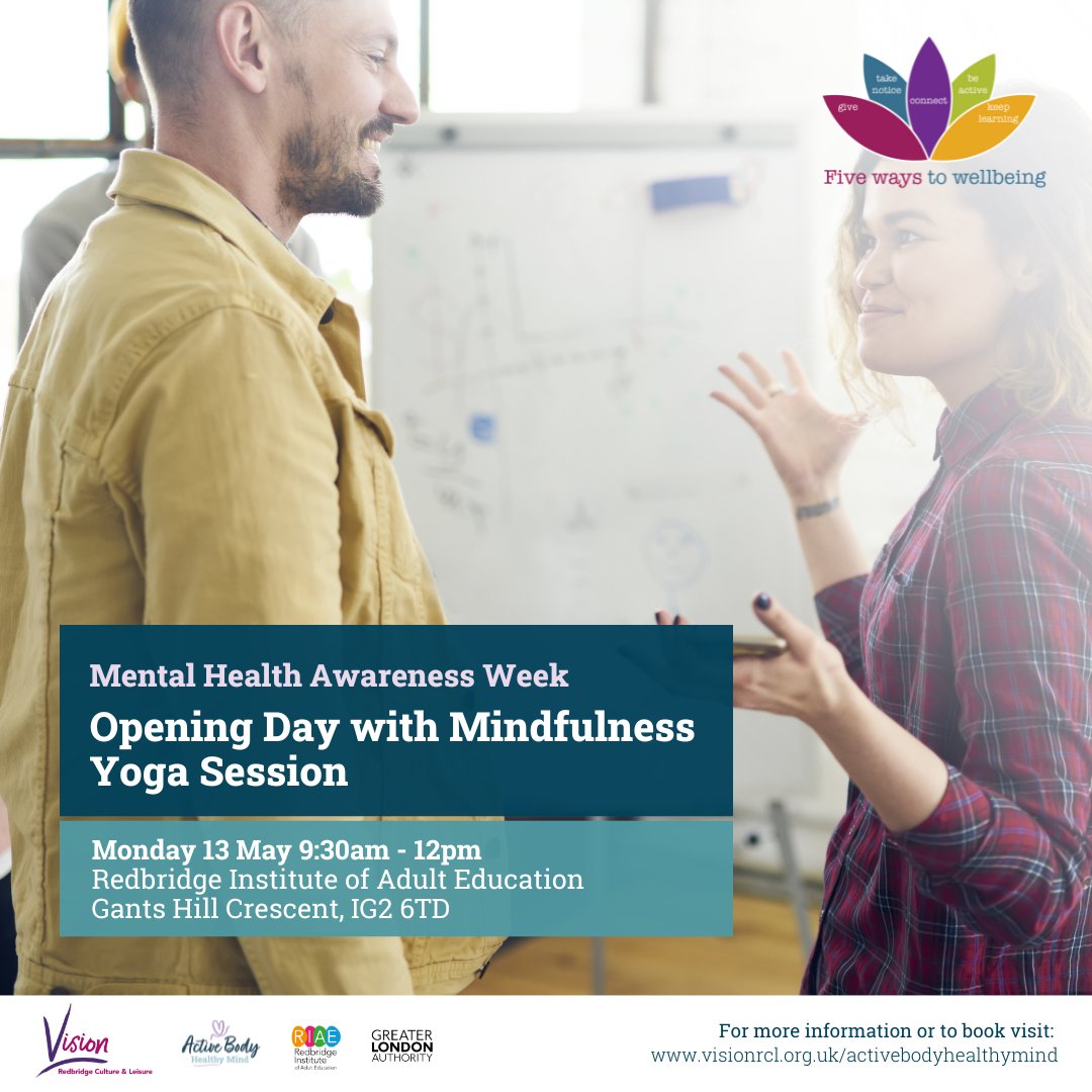 Monday 13 May 🧘‍♀️ join in with the Opening Day with Mindfulness Yoga Session as part of #MentalHealthAwarenessWeek Start your week with a #focus on mental well-being and #community #support. Book your place on this session today: vrcl.uk/ABHM