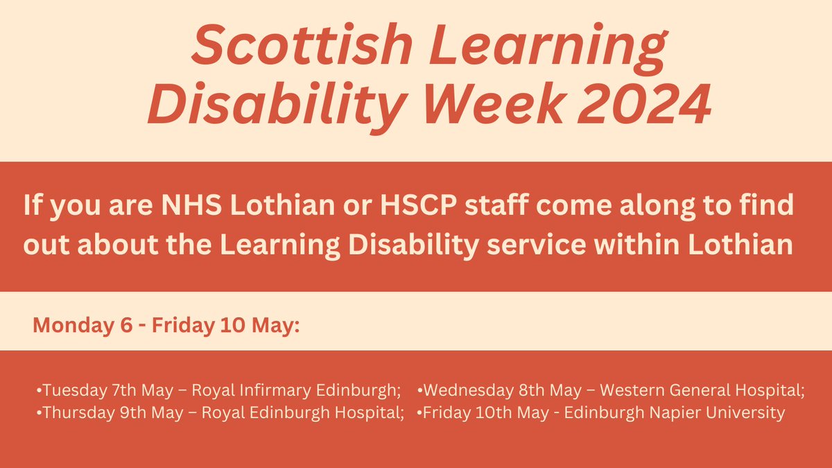 Have you ever wondered what the Learning Disability service provides across Lothian? Come along to speak to members of the team during #ScotLDWeek from 7th-10th May to find out more