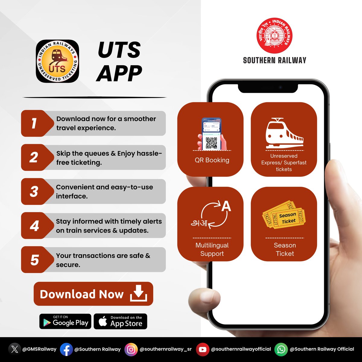 Book QR tickets, unreserved & superfast tickets, and season tickets - all on the UTS app! 

Available in multiple languages for your convenience. 

Travel smarter, travel UTS! 

#UTSapp #QRBooking #TrainTickets #DigitalIndia #SouthernRailway