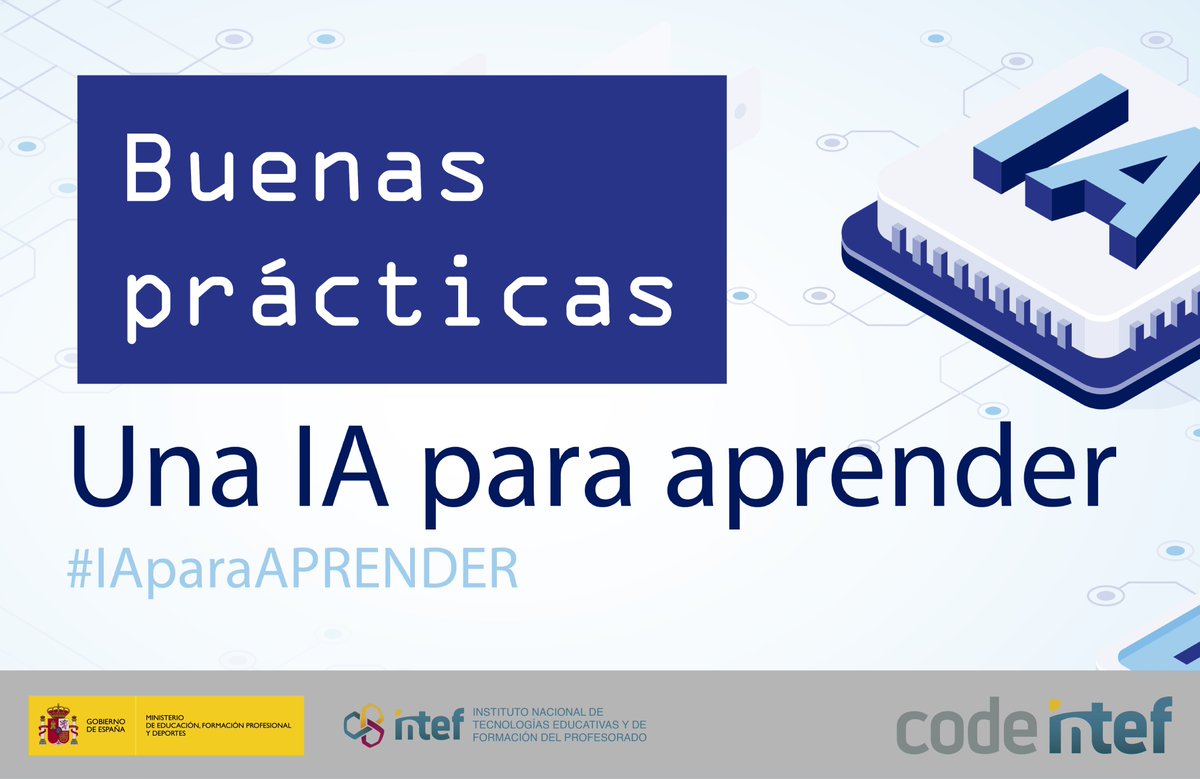 💡¿Quieres trabajar la inteligencia artificial con tu alumnado? Aprende buenas prácticas con el MOOC 'Una IA para APRENDER' 🚀Desde infografías informativas a una gran variedad de #SA, descubrirás fantásticas prácticas para integrar la #IA en el aula 🌟code.intef.es/noticias/trans…