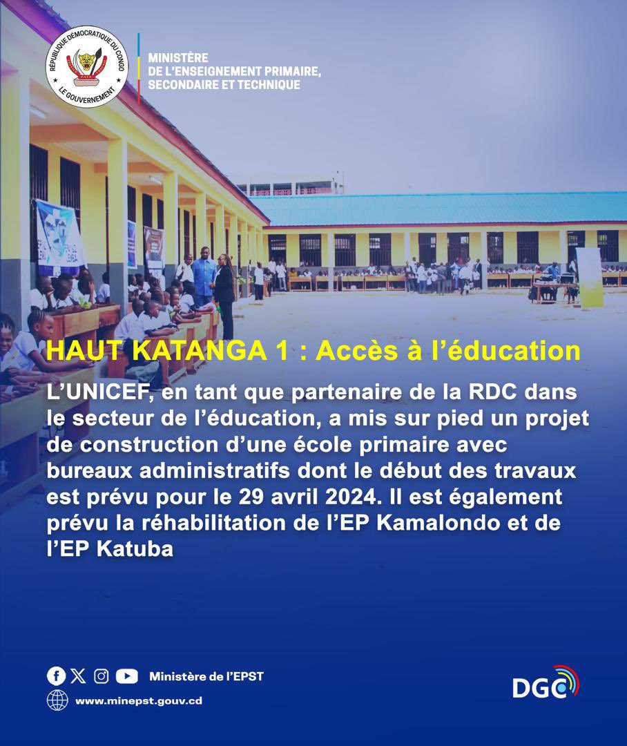 Amélioration de l’accès à l’éducation : @UNICEFDRC appuie les efforts du gouvernement dans la consolidation de la gratuité de l’enseignement primaire public.