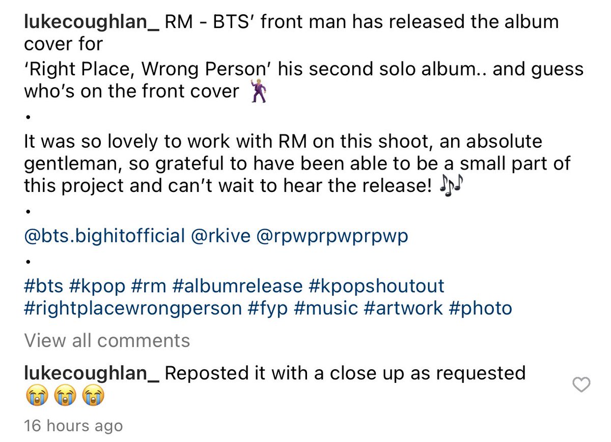 [240426] @/lukecoughlan_ on Instagram

'It was so lovely to work with RM on this shoot, an absolute gentleman, so grateful to […] small part of this project […]'

💎 rm.lnk.to/rightplacewron…

#NAMJOON #남준 #방탄소년단RM #RM #RPWP_RM #RM4 #ProudAmbassadorRM #RMxBOTTEGAVENETA