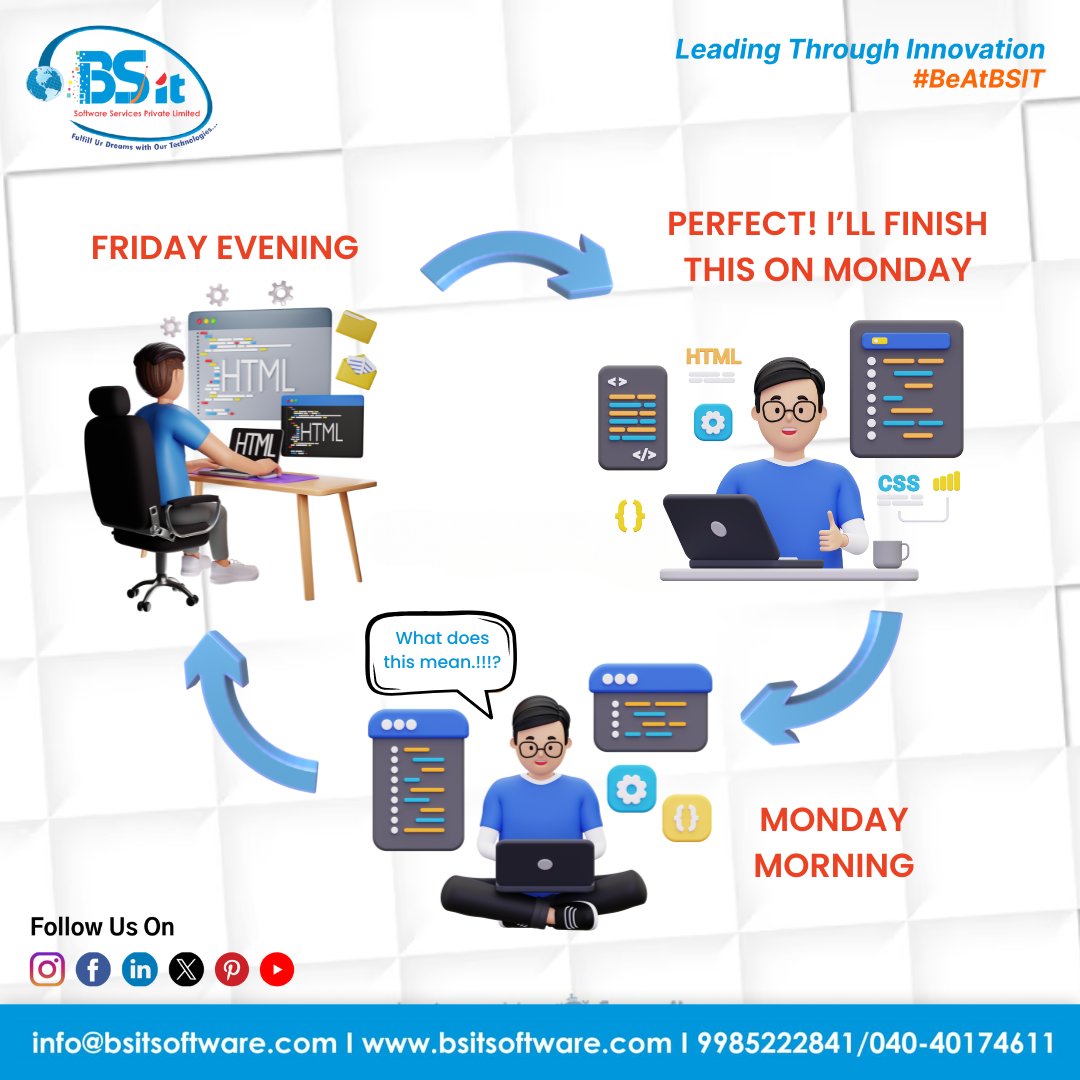 When you promise to finish your work on Friday evening but end up doing it on Monday morning

#BSITSuccess #BestSoftwareCompany #bhanuchandargarigela #sharadanenavath #bsitsoftware #bsit #teambsit #TeamBSIT #BeAtBSIT #bsitsoftwareservices #Procrastination #MondayBlues