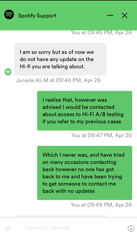 ChrisGreenfield's tweet photo. @SpotifyCares Unacceptable support @Spotify @eldsjal @SpotifyCares, am switching to another music provider unless my complaint can be addressed. https://t.co/2PqyXiKJYm