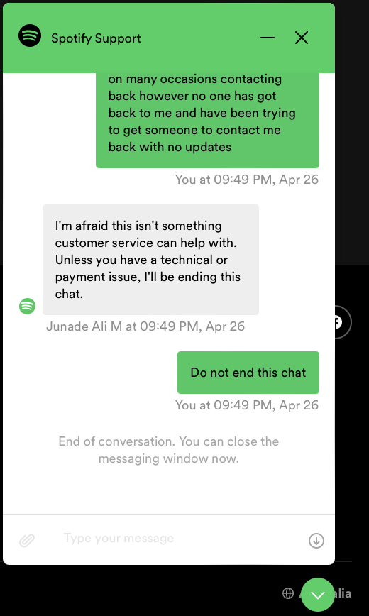 ChrisGreenfield's tweet photo. @SpotifyCares Unacceptable support @Spotify @eldsjal @SpotifyCares, am switching to another music provider unless my complaint can be addressed. https://t.co/2PqyXiKJYm