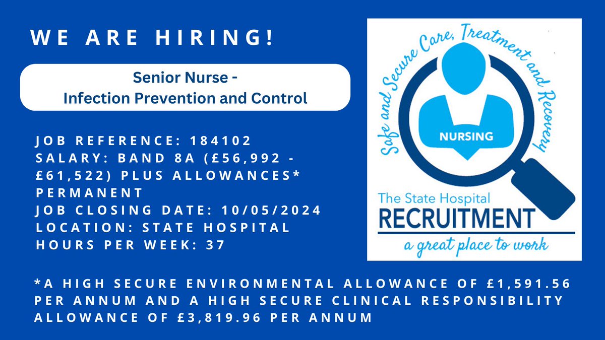 #jobalert We are currently seeking a Senior Nurse with a remit for Infection Prevention and Control and nurse lead for End of Life Care. Click on the link more information or to apply. apply.jobs.scot.nhs.uk/Job/JobDetail?…