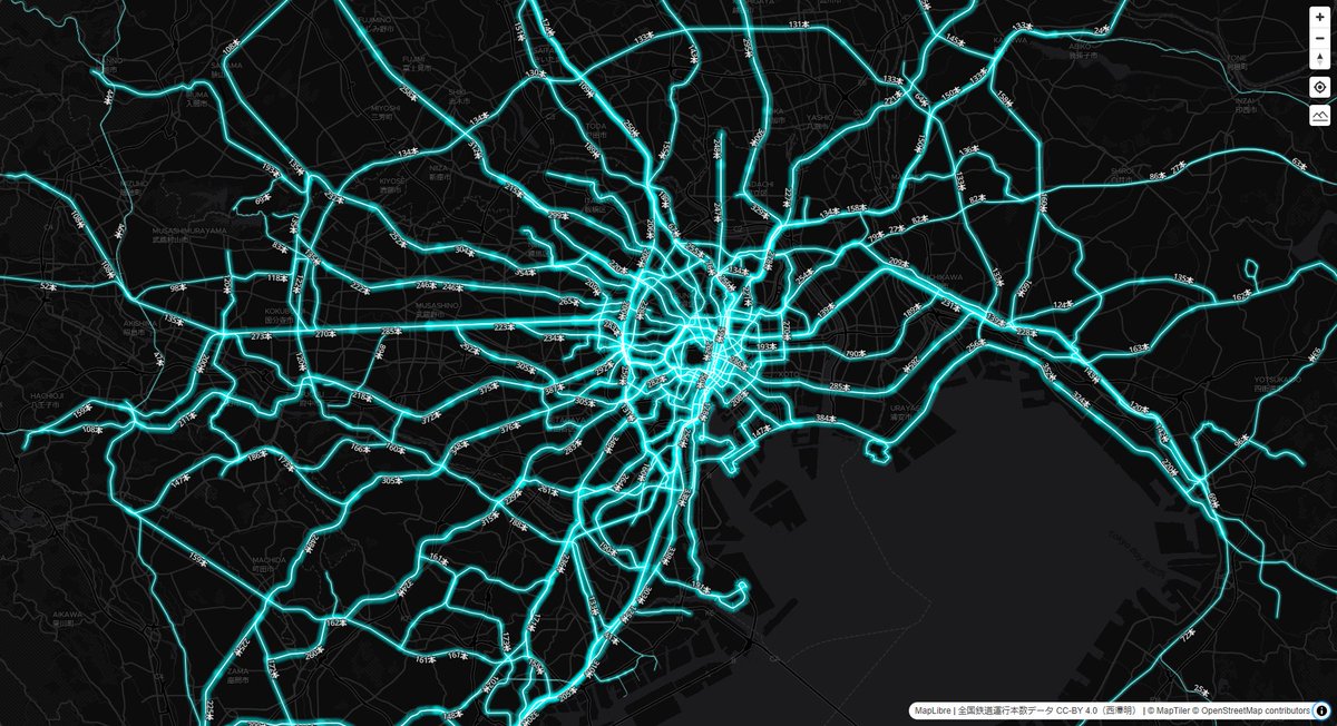 全国鉄道運行本数データ2024年版が公開されたので、路線別・区間別運行本数データ2024をPMTilesに変換して、MapLibre GL JSで表示してみました。
デモサイトはこちら↓
shi-works.github.io/traffic-map-on…
#FOSS4G #MapLibre #PMTiles