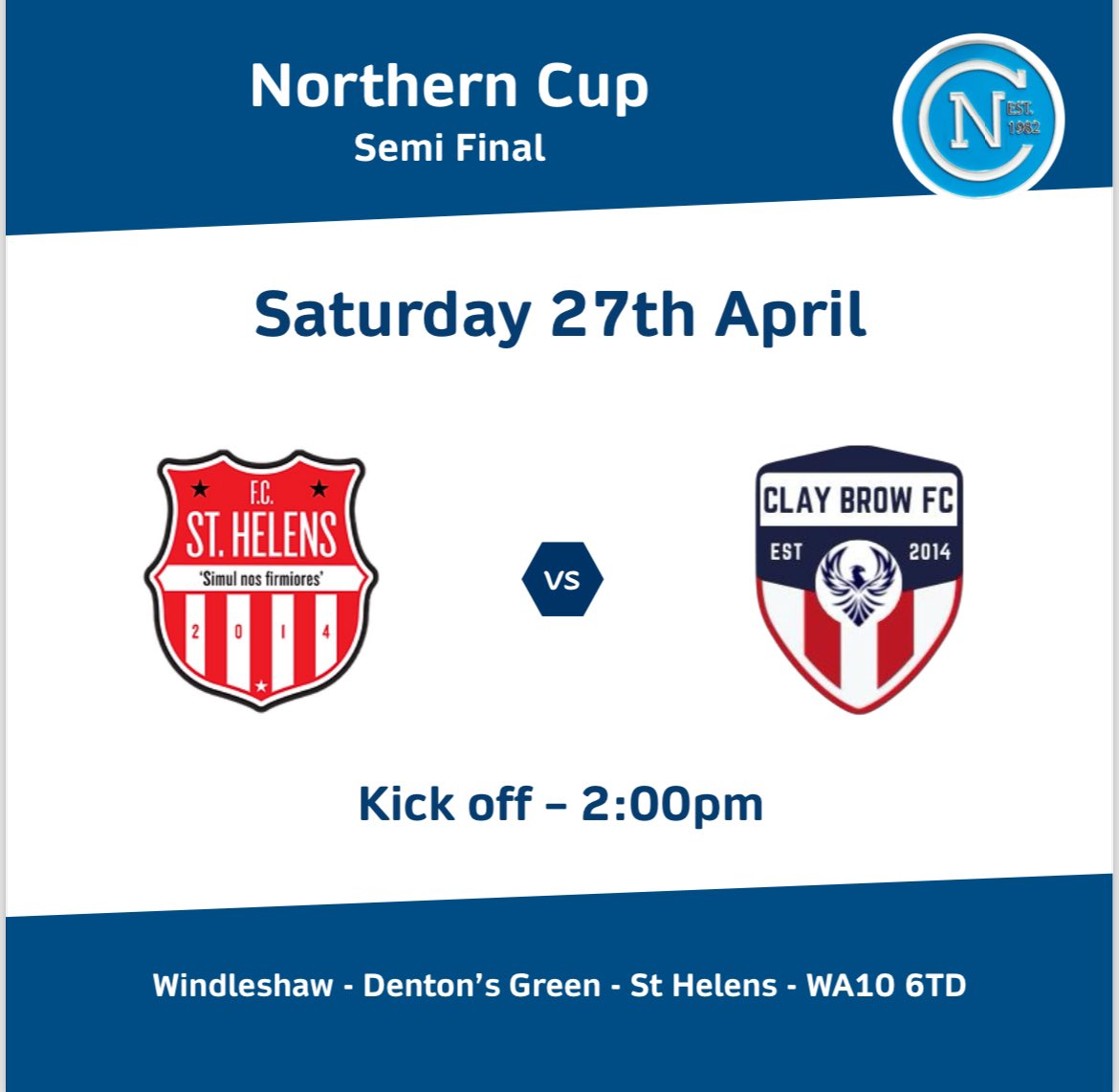 Semi final day tomorrow for the 1sts in the Northern Cup as we have a very tough test away to FC St Helens Reserves! Certainly won’t be easy but we will be more than up for this one as we look to progress to our second final of the season! Up the Brow 😎⚽️