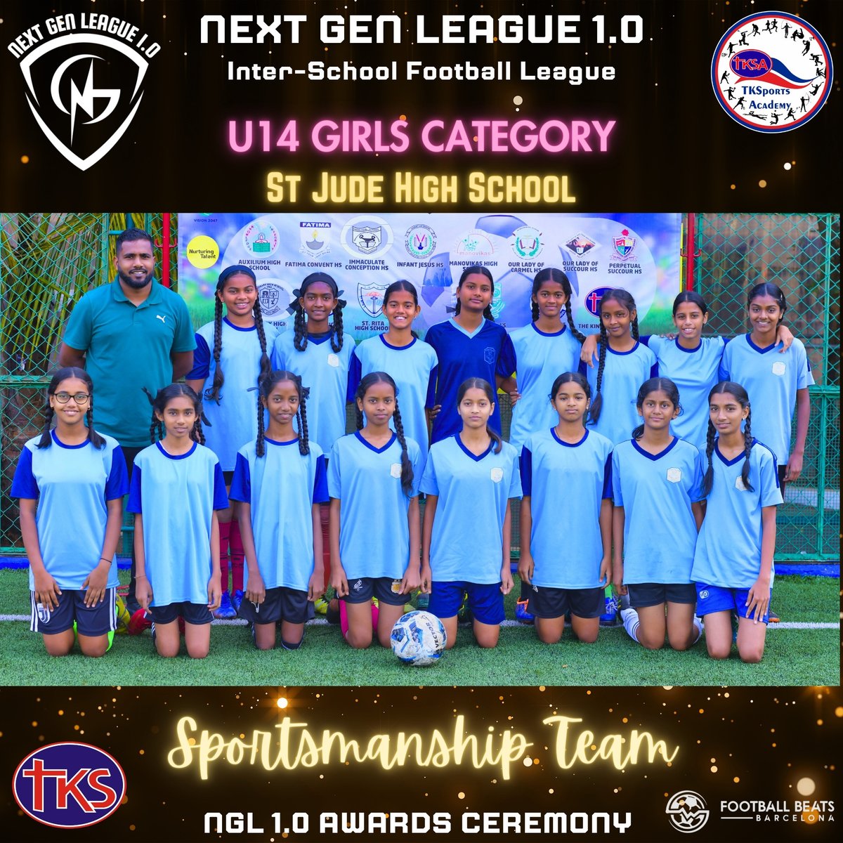 Next Gen League (NGL) 1.0 Awards Ceremony, recognized teams and individuals fostering sportsmanship and demonstrating remarkable improvement.

Sportsmanship Team Awards:
U12 – Our Lady of Succour
U14 Boys – St Xaviers High School
U14 Girls – St Jude High School

#nglgoa #tksagoa