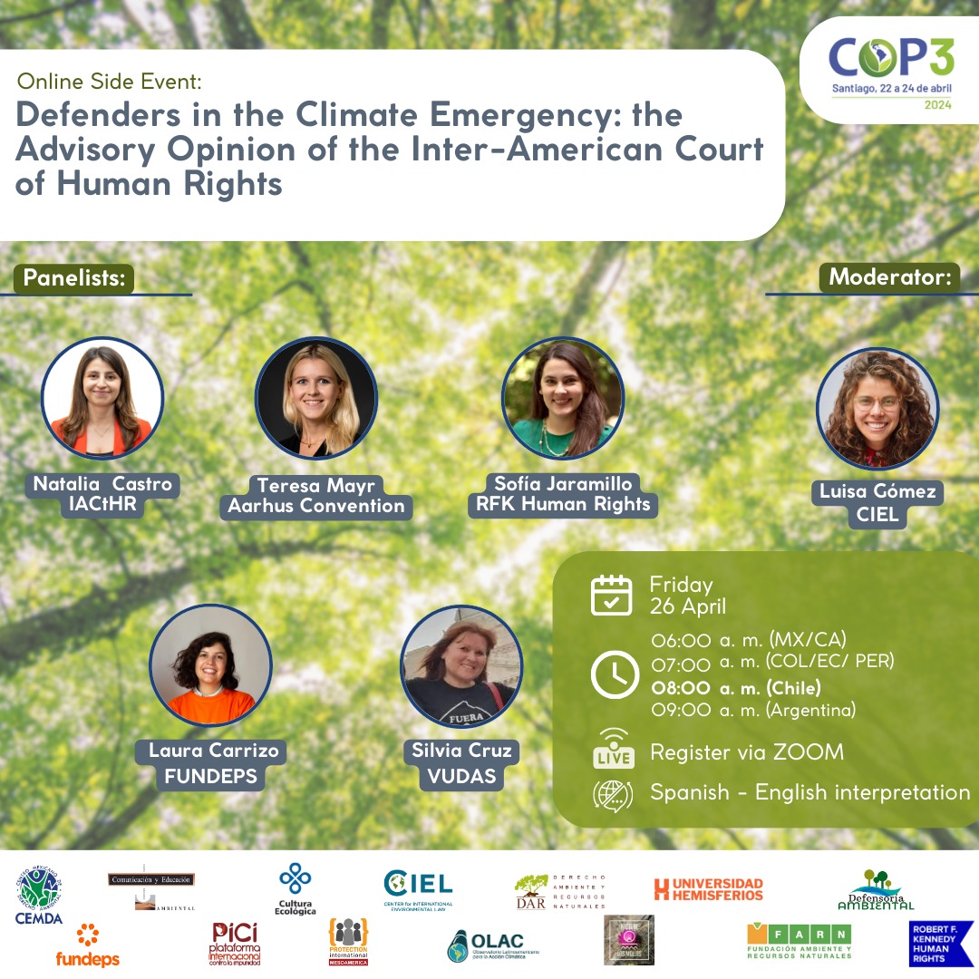 ⏰🌳 Starting in 5 minutes the Online Side Event of #COP3 of the #EscazúAgreement: 'Defenders in the Climate Emergency: the Advisory Opinion of the @IACourtHR' 🌐 English 🔛Spanish 🔗 Last chance. Join now: rfkhumanrights.zoom.us/webinar/regist…