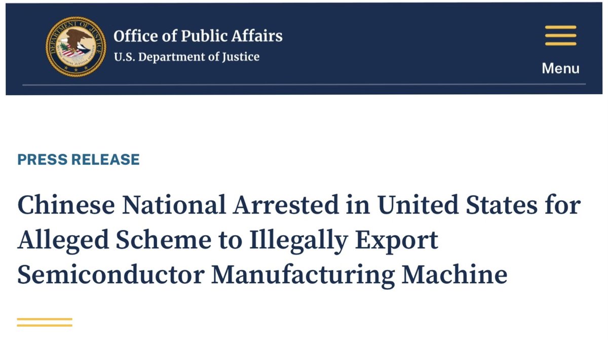 Two 🇨🇳 nationals, Han Li, aka Anson Li, and Lin Chen, have been charged with crimes related to a conspiracy to illegally export US technology, including a machine manufactured by California-based Dynatex International that is used to process silicon wafer microchips, to…