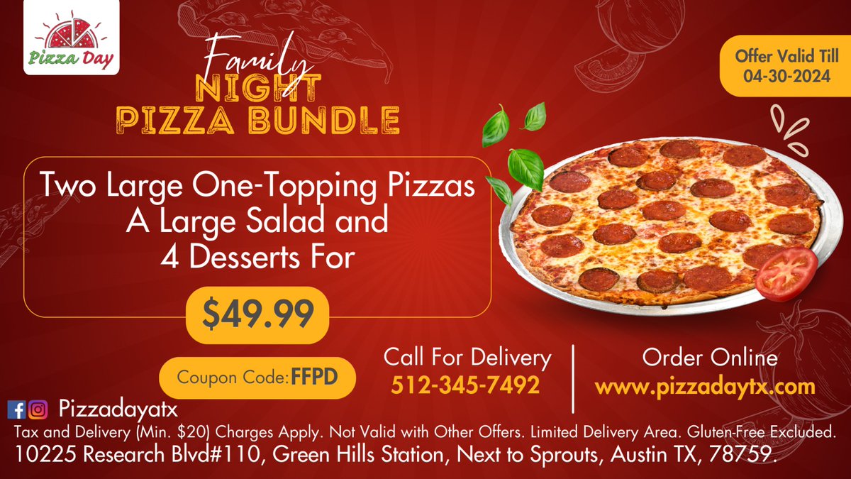 Make memories over a feast! Dive into our Family Night Pizza Bundle

Coupon Code: FFPD
Call to order: 512-345-7492
Order Online: pizzadaytx.com

#pizzadaytx #keepaustineatin #supportlocal #austintexas #familynight #austinpizza #pizzalover #discounts #familyfun #coupons