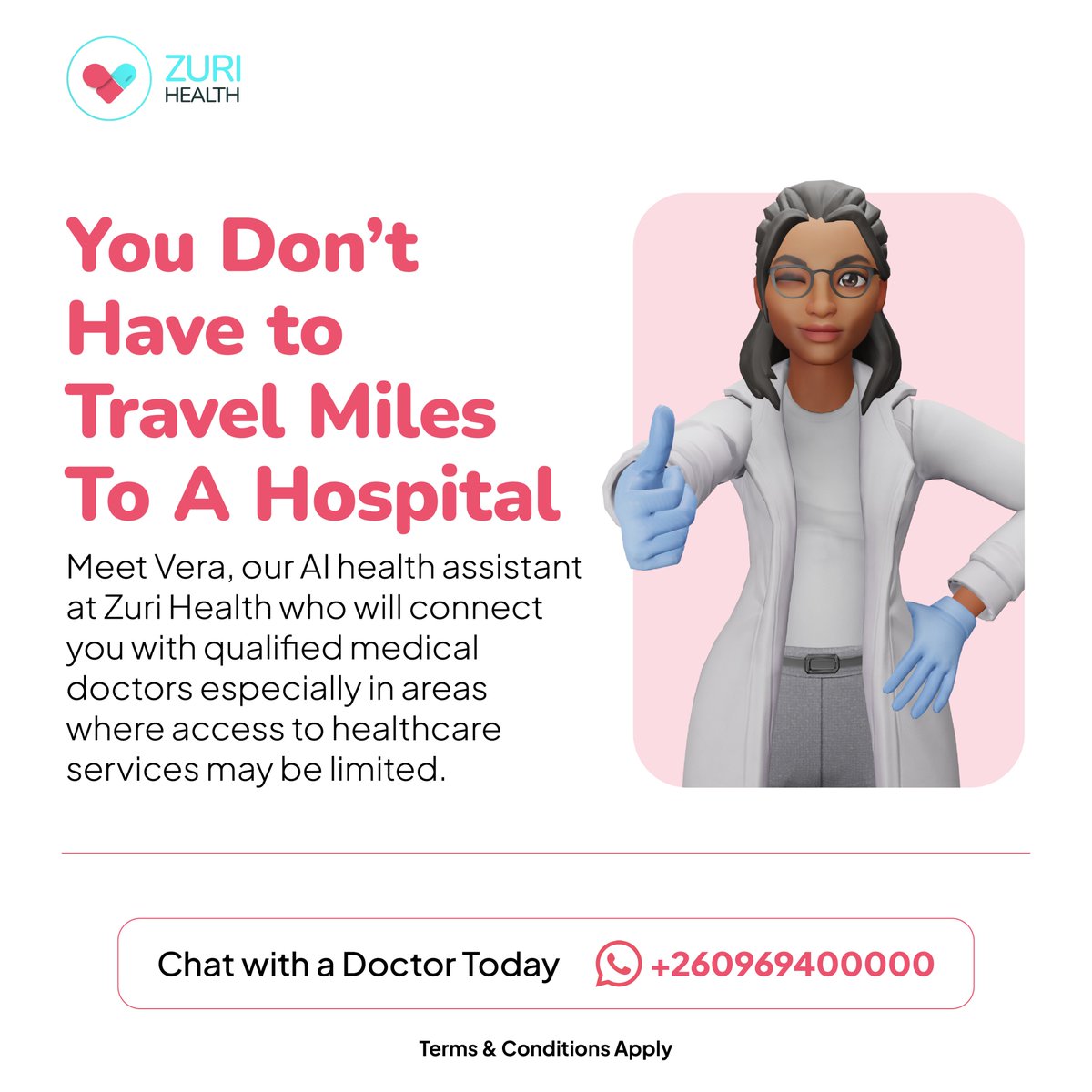 With Zuri Health, you don’t have to travel miles to consult a doctor. Meet Vera, our AI health assistant that bridges the gap between you and qualified medical professionals right through your smartphone! 📲

👩‍⚕️👨‍⚕️ Chat with a Doctor Today: +260969400000
#ZuriHealth #WhatsApp