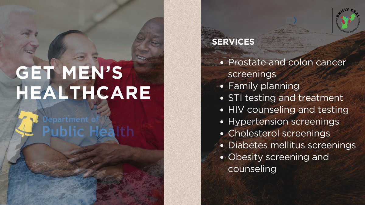 The Department of Public Health offers men's health services at city health centers. 

Centers provide family planning, HIV counseling, and support to quit tobacco. Plus, get screened for hypertension, cholesterol, and more. 

➡️ phila.gov/services/menta…