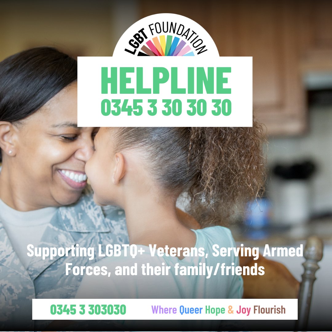 LGBTQ+ veterans, friends, family and loved ones, you're not alone. Our Helpline offers personalised support and help that feels right for you. Reach out today on 0345 3 30 30 30 or share this post with somebody who may need it ❤️
