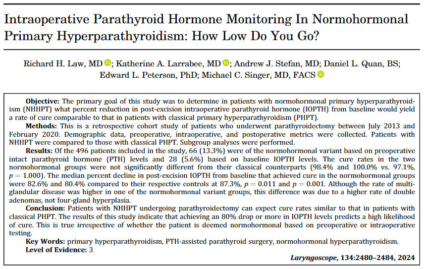 How low can (should) you go? This month's laryngoscope article explores what percent reduction in PTH one should aim for in normohormonal primary hyperparathyroidism. onlinelibrary.wiley.com/doi/full/10.10…