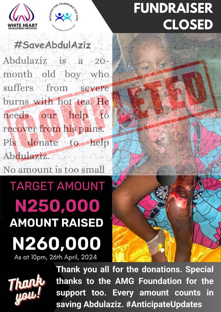 DeejahAmmani's tweet photo. Fundraiser Closed 🔐

With support from you all we have completed the fundraiser for Abdulaziz thank you all 🙏🏻

A special thanks to AMG Foundation for donating a huge amount into this fundraiser.

From all of us at White Heart Initiative, we say "Thank you 🙏🏽❤️” https://t.co/Hsx00WWjrj