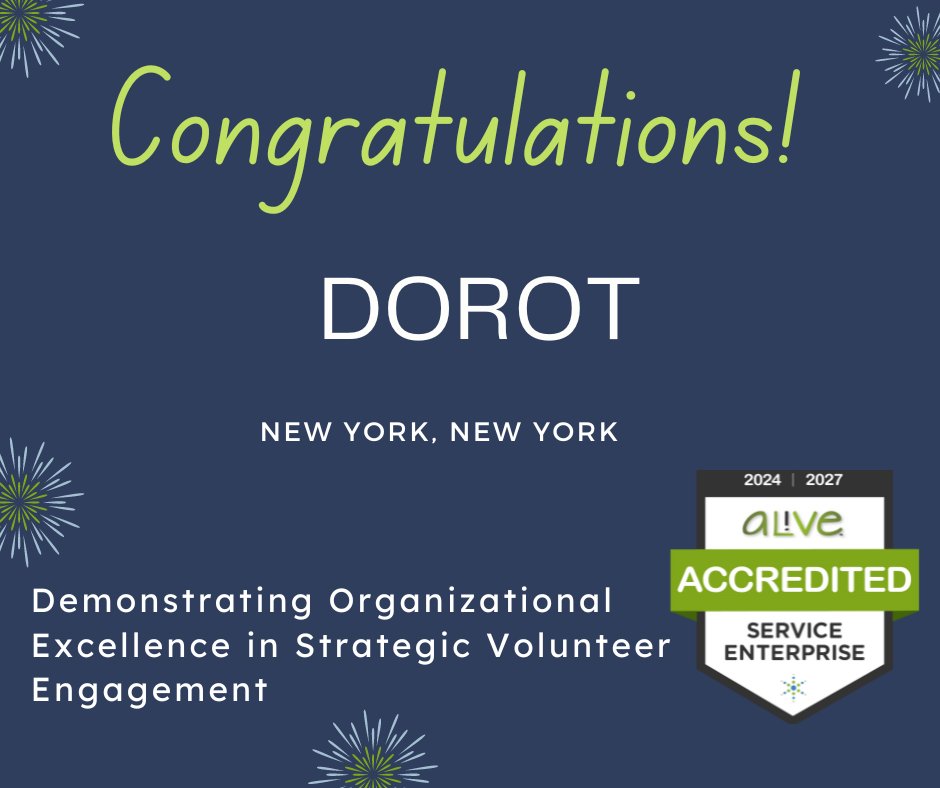 Congratulations to DOROT in New York, NY for maintaining their Service Enterprise accreditation once again!  

Thank you to Training and Implementation Partner VQ Volunteer Strategies.
#serviceenterprise #volmgt #vmlearn #lovols