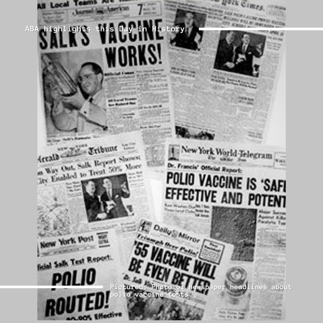 Today in 1954, the Salk polio vaccine trials began, pioneering the double-blind method and paving the way for eradicating polio. @ABAEsq reflects on how this milestone advanced public health law with robust legal frameworks for vaccine development and safety. #LegalHistory #ABA