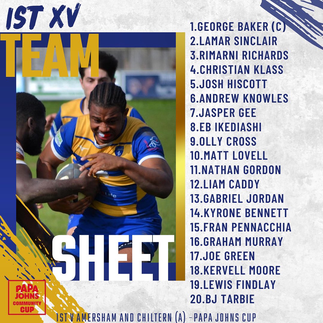 Round 2 of the Papa Johns Cup V Amersham and Chiltern ⏰3pm 🏟️Away Support welcome! Coach leaves Balmoral at 11.30am #blueandgold #beckenhamrfc