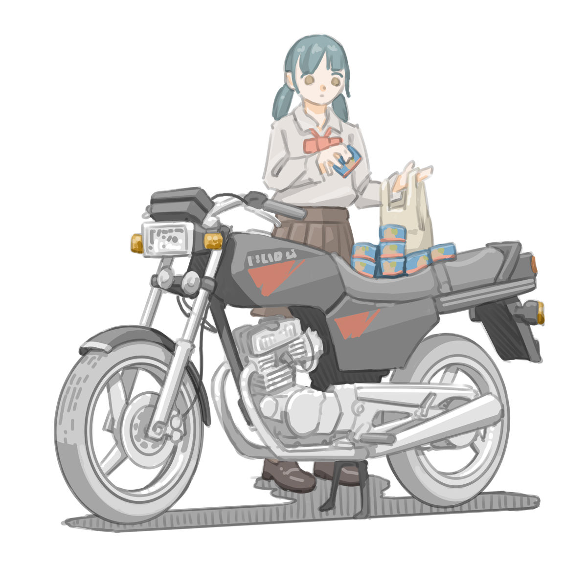 「サバ缶の備蓄を確保する女子です。(ホンダ CB125T)【再掲】#バイクJK#イ」|きわみらい@バイクJKのイラスト描きのイラスト