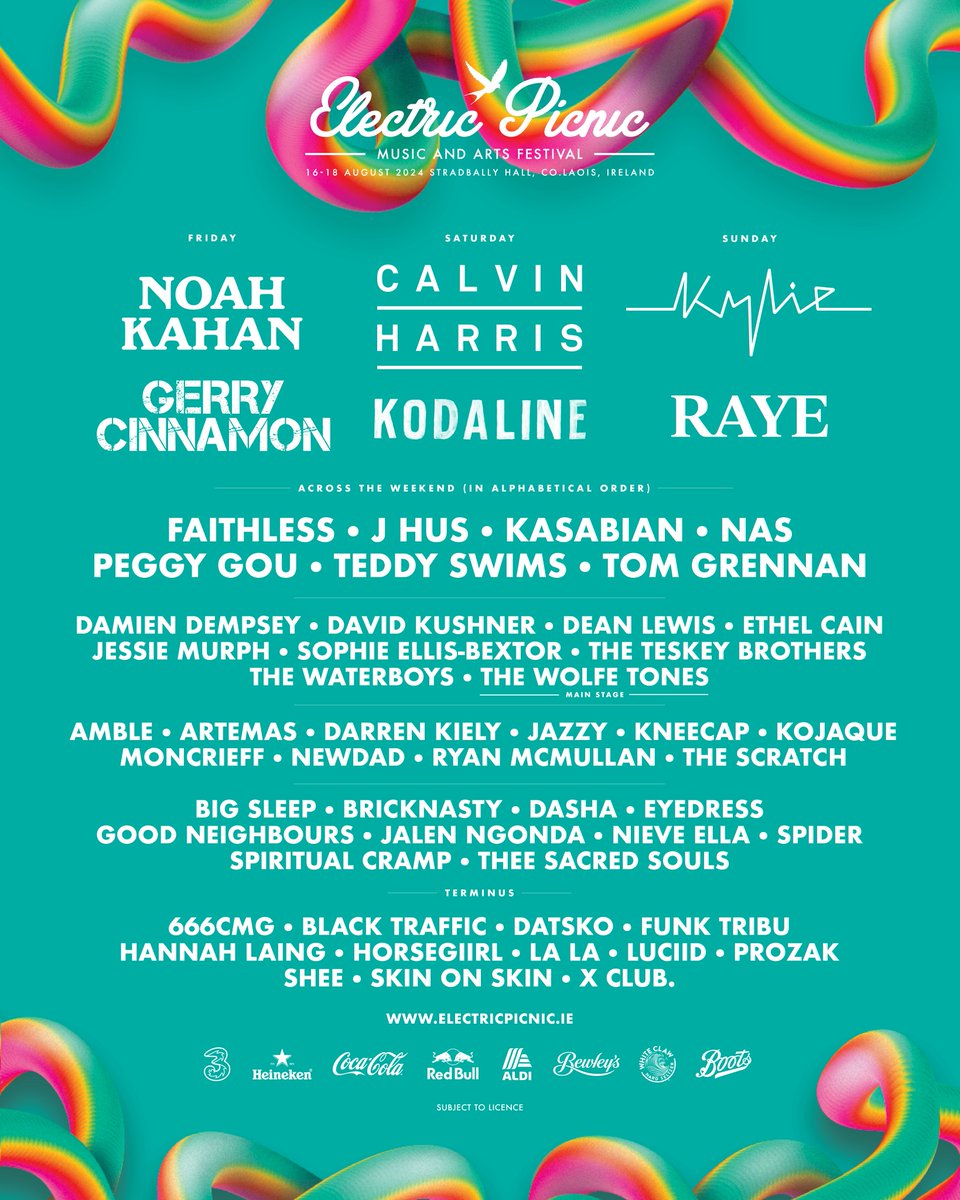Your #EP24 line-up has landed and we are thrilled to announce @NoahKahan, @CalvinHarris and @kylieminogue as your headliners! 🎶✨ Check out the 50+ incredible names that are due to hit our stage in August. We can’t wait to have you all back for another magical weekend ✨🎡