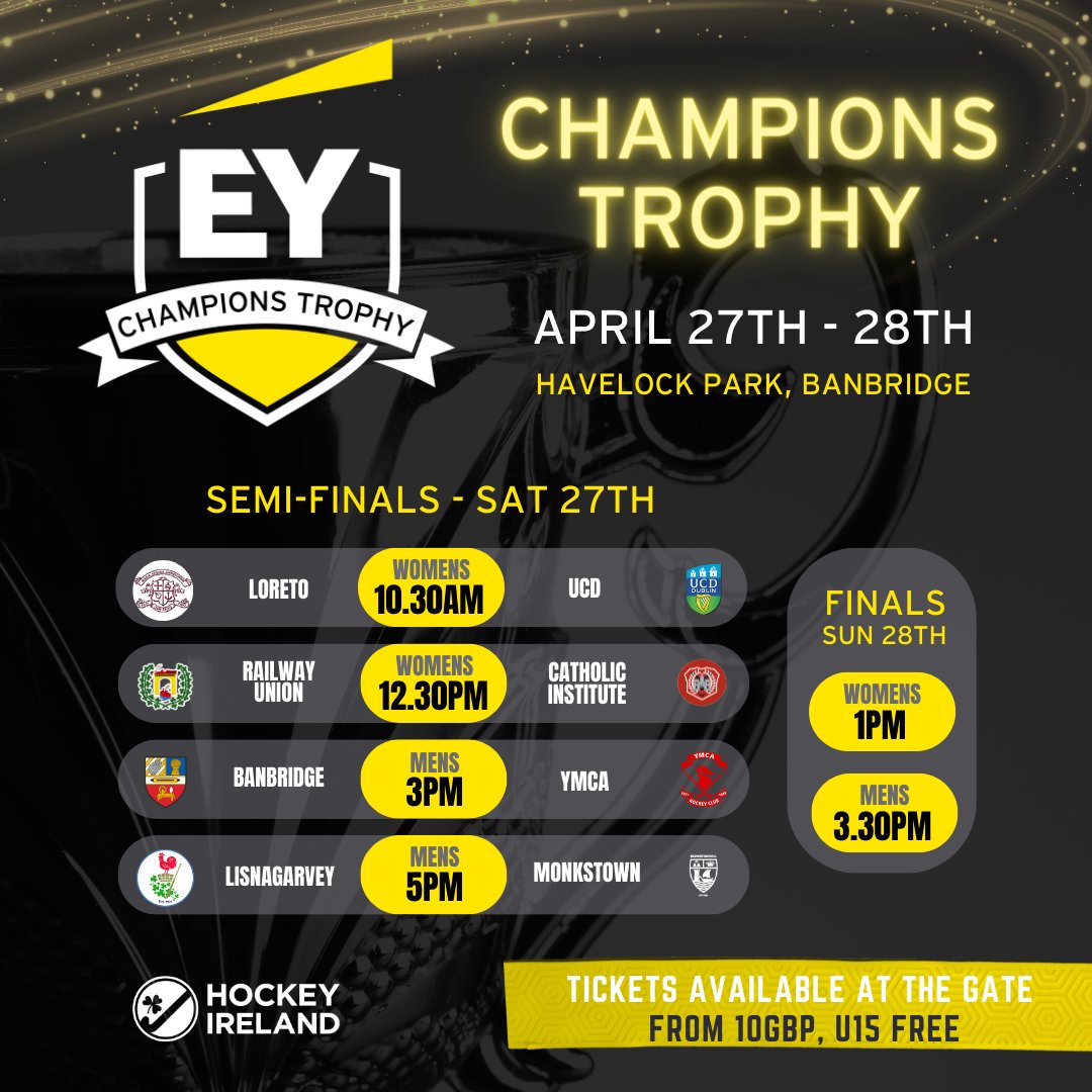 🟡𝐄𝐘 𝐂𝐇𝐀𝐌𝐏𝐈𝐎𝐍𝐒 𝐓𝐑𝐎𝐏𝐇𝐘 𝟐𝟎𝟐𝟑/𝟐𝟎𝟐𝟒🏆⚫ The 24 Hour countdown has started for this season's EY Champions Trophy weekend. Check out 'Hockey Ireland TV' where Sunday's Finals will be livestreamed - go to Hockey.ie or click the link in bio.