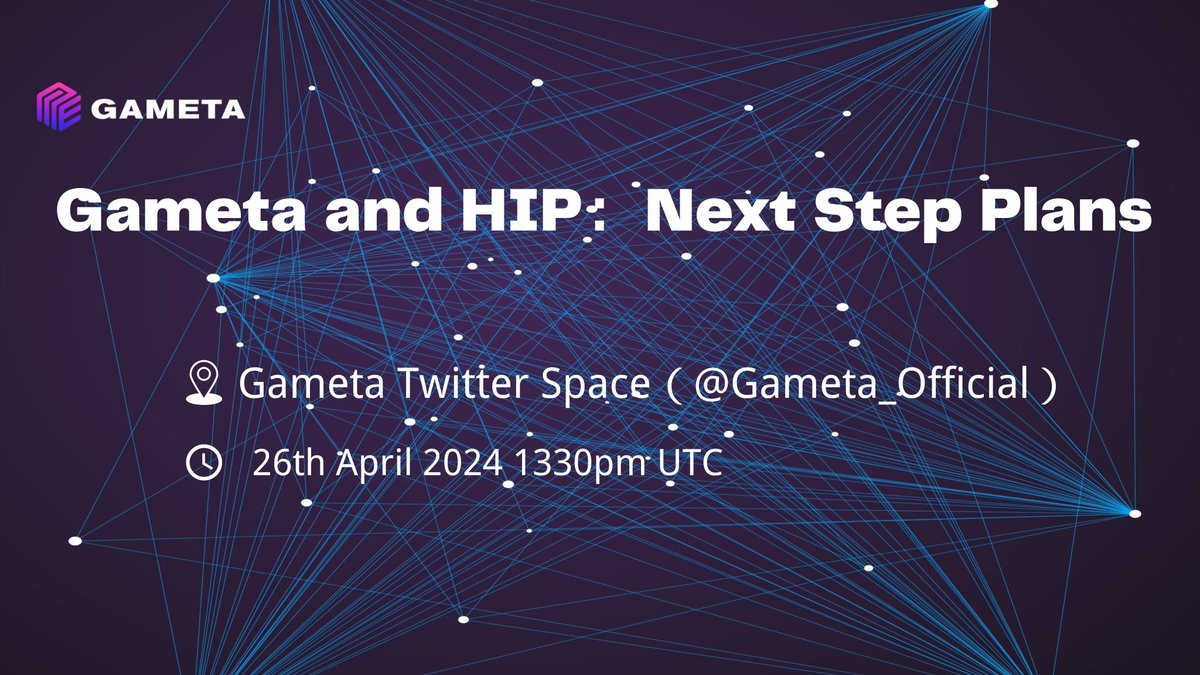 🚀 Join us on the @Gameta_Official Twitter Space! 🌟 📢 Topic: Gameta and HIP: Next Step Plans 📅 Date: 27th April, 2024 🕒 Time: 13:30 UTC Let's discuss the future together! Tap in here👇x.com/i/spaces/1rmgp… #GametaHIP #HIP #Gameta #Web3 #Web3Community #P2EGame
