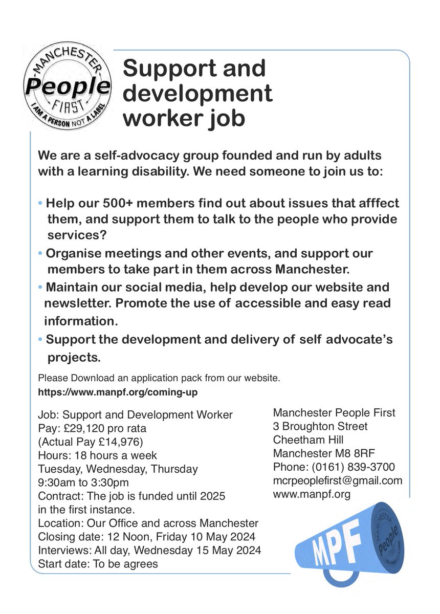 JOBS JOBS JOBS 3 Posts for 2 roles 2 x Learning Disabled Engagement Workers 1 x Development & Support Worker Jobs packs at our website LINK HERE: manpf.org/coming-up