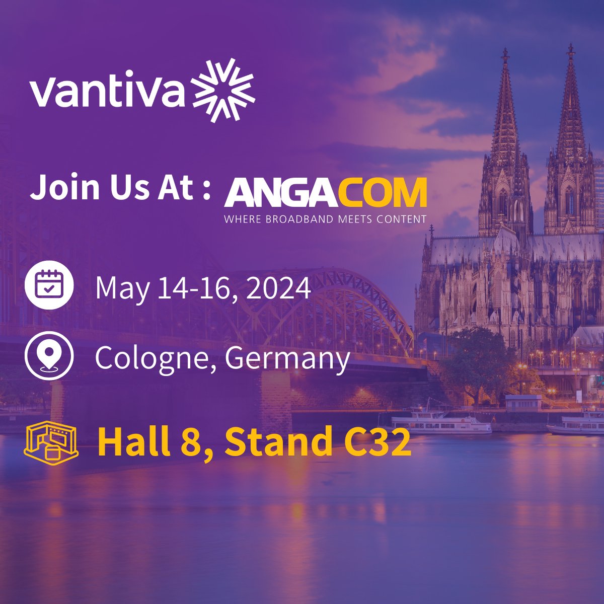 🚀Vantiva returns to 𝗔𝗡𝗚𝗔𝗖𝗢𝗠 (Cologne, May 14-16)! We're eager to reconnect with partners and explore the latest in #broadband tech.

🔍Visit us at 𝗛𝗮𝗹𝗹 𝟴, 𝗦𝘁𝗮𝗻𝗱 𝗖𝟯𝟮 at Normann Engineering d.o.o.'s booth.

#ANGACOM2024 #Innovation #Vantiva #Connectivity