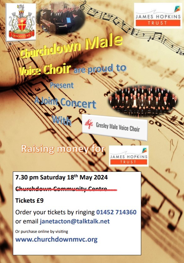 NEW VENUE - St Patrick's Church in Brockworth. Churchdown Male Voice Choir are joining with Gresley Male Voice Choir, Saturday 18th May. Tickets are are available by visiting churchdownmvc.org All proceeds are for James Hopkins Trust. fb.me/e/7rlw0trby