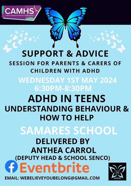 An extremely valuable session for parents and carers of children with ADHD, due to take place next Wednesday 1st May. @VCJ_Head