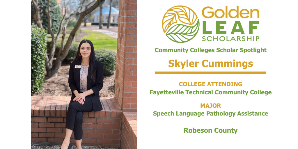Skyler Cummings, a student at @FAYTECHCC working on a Speech Language Pathology Assistant degree, received a @NCgoldenLEAF Community Colleges Scholarship. She says community college has given her valuable skills. Learn more... #CCMonth #GoldenLEAFCCScholar goldenleaf.org/news/golden-le…