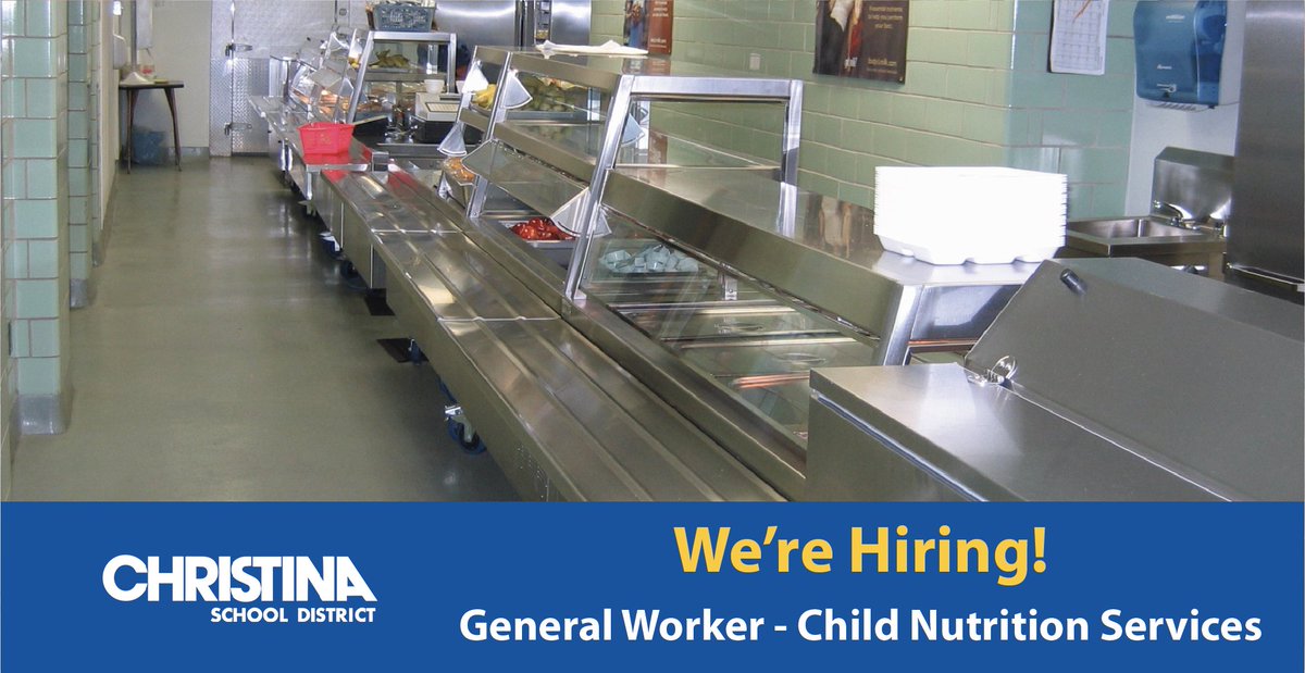 We're #NowHiring: General Workers for Child Nutrition Services. Apply online to #JoinCSD: christinak12.org/joincsd-school…. 📌 View all job openings: christinak12.org/joincsd-apply #EduJobs #netde #hiring #WilmDE #NewarkDE