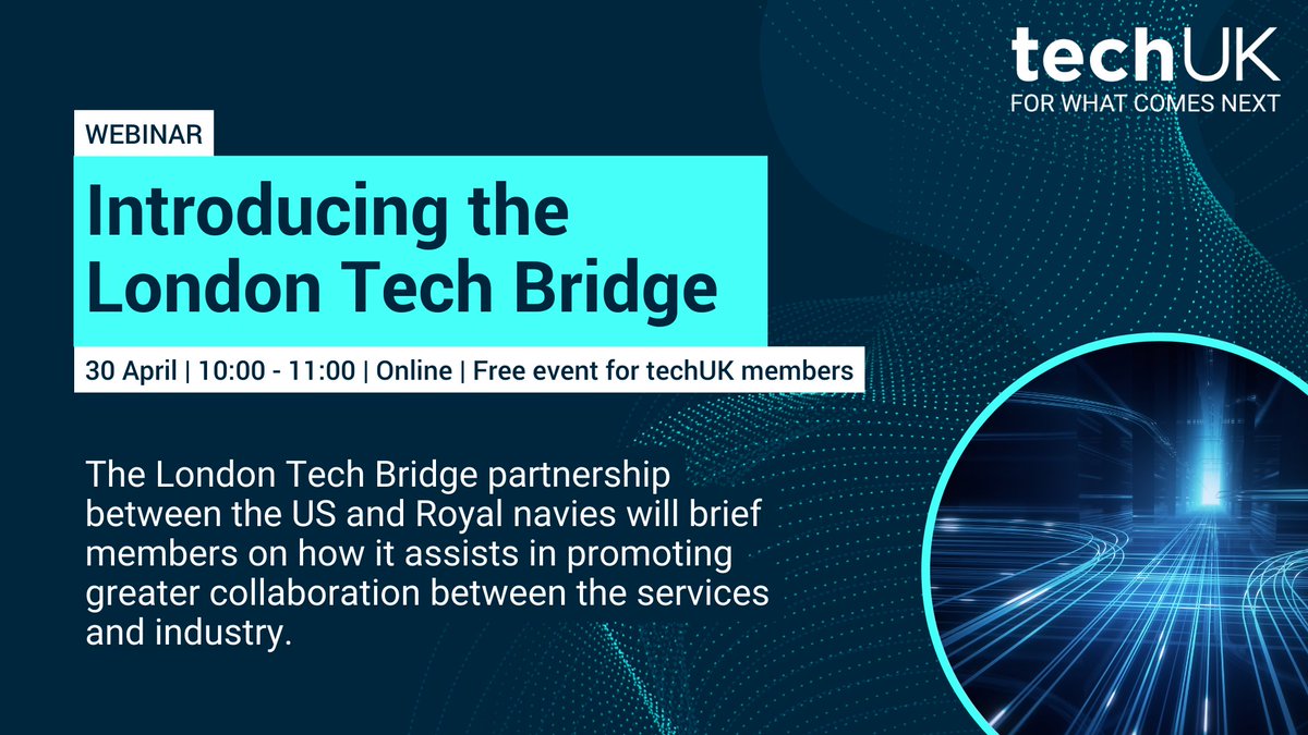📢 Last chance to book! 📢 🛡️ Join #techUKDefence to learn about The London Tech Bridge partnership between the US and Royal Navy as they brief members on how it assists in promoting greater collaboration between the services and industry. 🎫Register here: techuk.org/what-we-delive…
