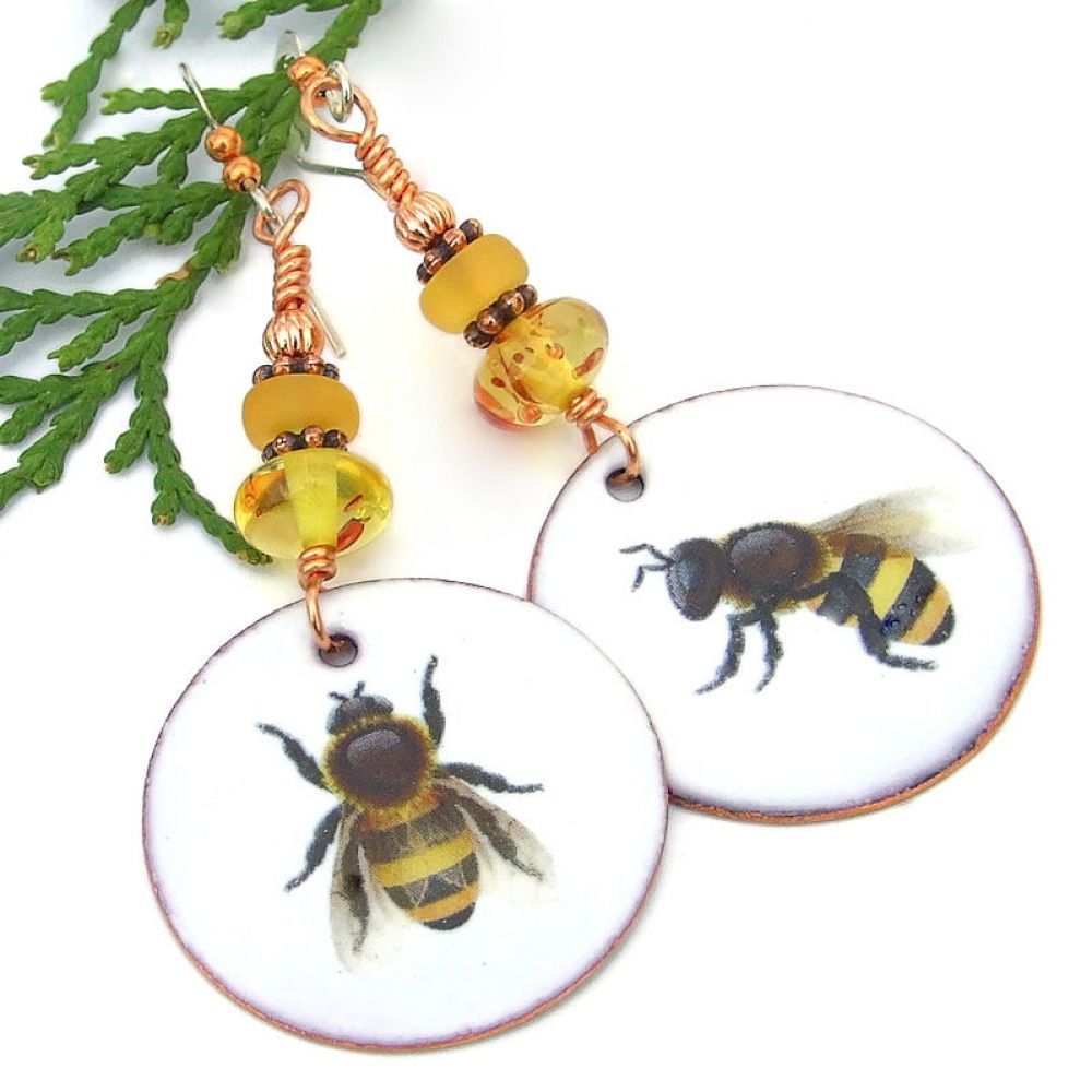 Artisan enamel unmatched bumble bee earrings w/ glowing amber & Czech glass: wonderful jewelry gift for the woman who loves bees! via @ShadowDogDesign #SDFTT #MothersDay #BeeEarrings     bit.ly/BombusSD