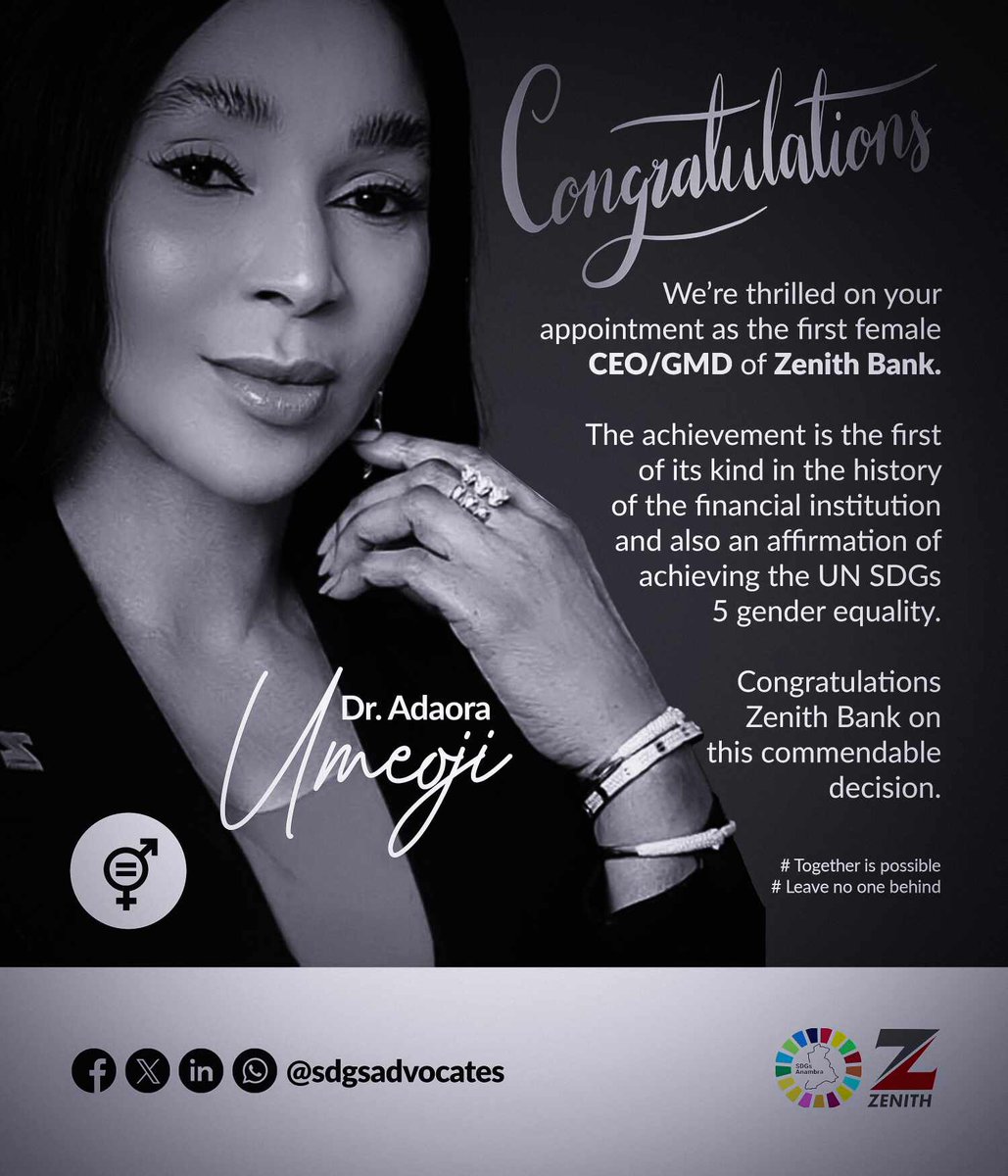 Dear Dr Adaora Umeoji
Our own very Big sister
Daughter of the Soil
#ProudlyAnambra
It's never late to affirm history of you as the First Female CEO GMD
@Zenithbank
We're very excited&amp;proud of you're achievements to this well deserved and meritorious appointment
Congratulations